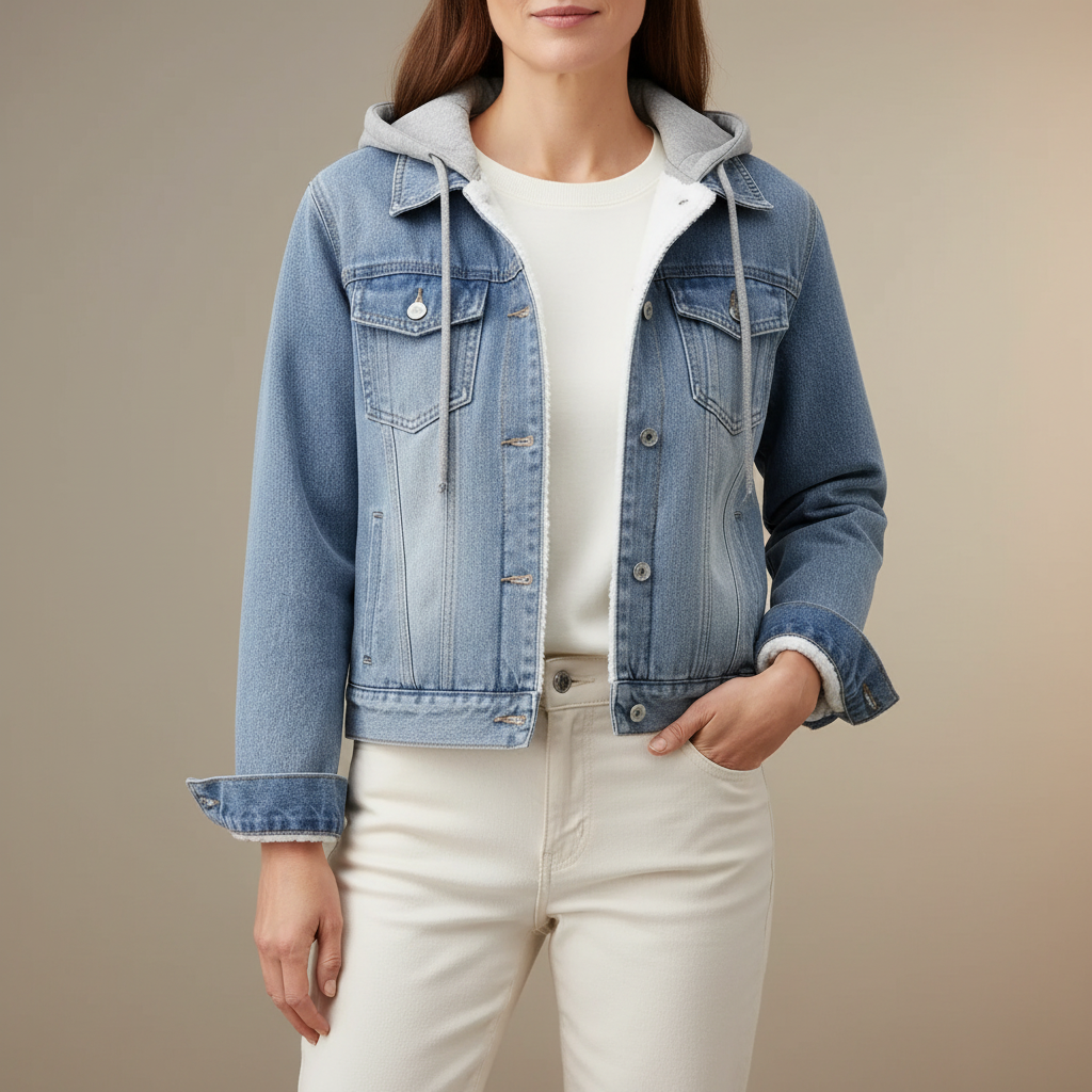 Hooded Sherpa Denim Jacket - Relaxed Women's Jacket Sky Blue front view