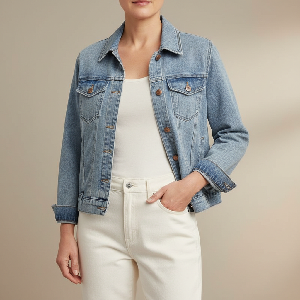 Light Wash Denim Jacket - Button Front Women's Sky Blue front view