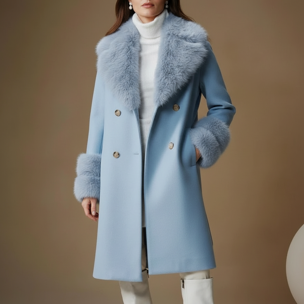 Faux Fur Trim Midi Coat - Double Breasted Women's Sky Blue front view