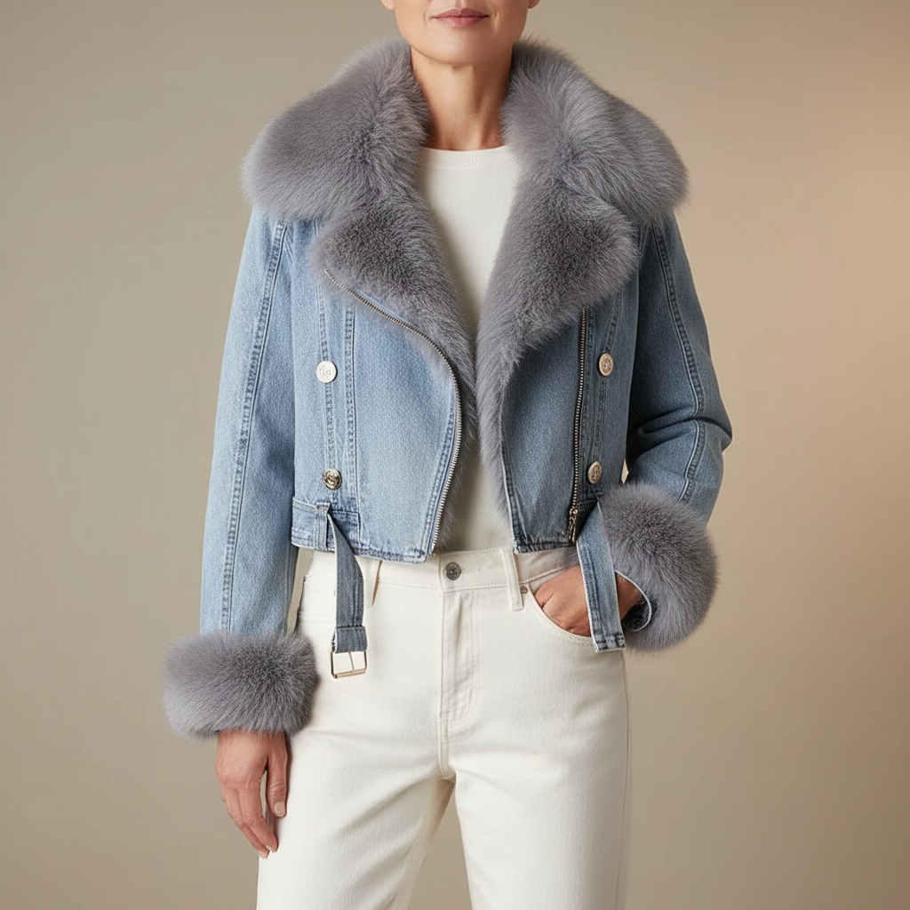 Faux Fur Collar Denim Jacket - Fur Cuffs Women's Light Blue front view