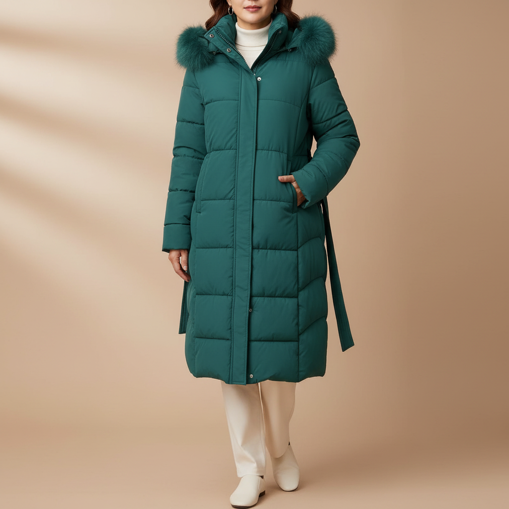 Belted Long Padded Coat - Faux Fur Hood Women's Green front view