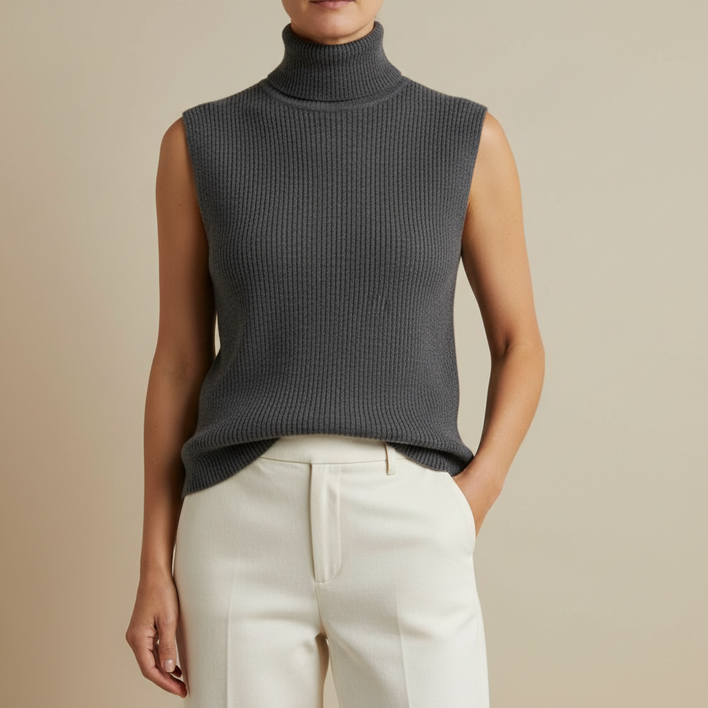 Sleeveless Turtleneck Sweater - Ribbed Women's Knit Dark Gray front view