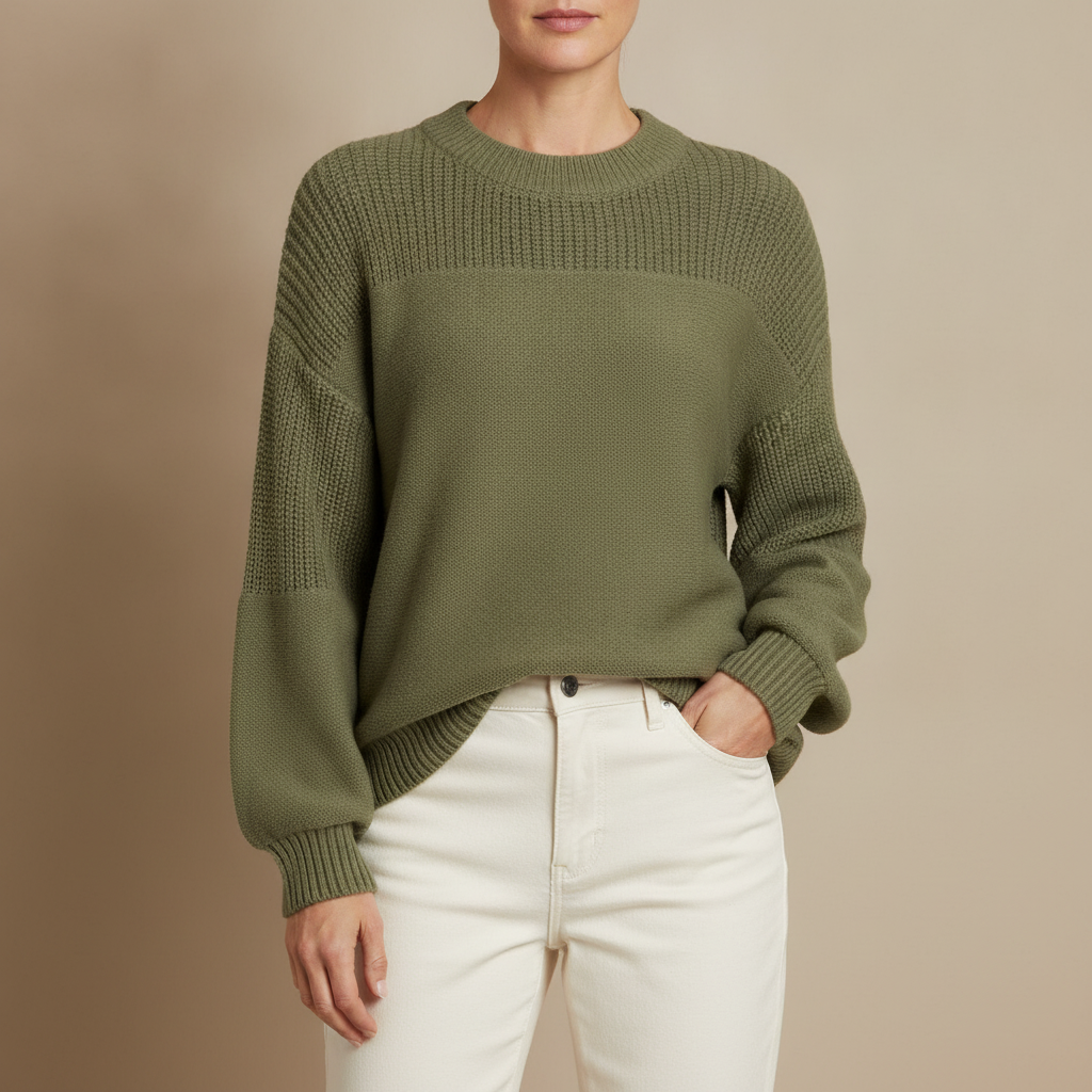 Textured Panel Sweater - Crew Neck Women's Knit Green front view