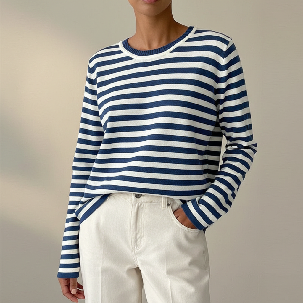 Striped Crew Neck Sweater - Women's Knit Pullover Blue front view