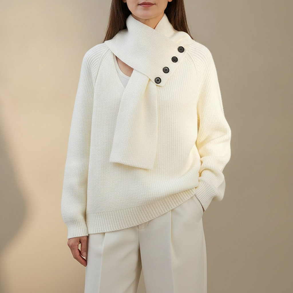 Asymmetric Scarf Neck Sweater - Button Women's Knit White front view