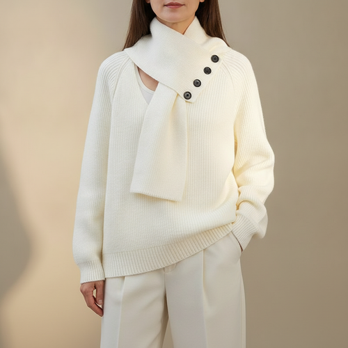 Asymmetric Scarf Neck Sweater - Button Women's Knit White front view