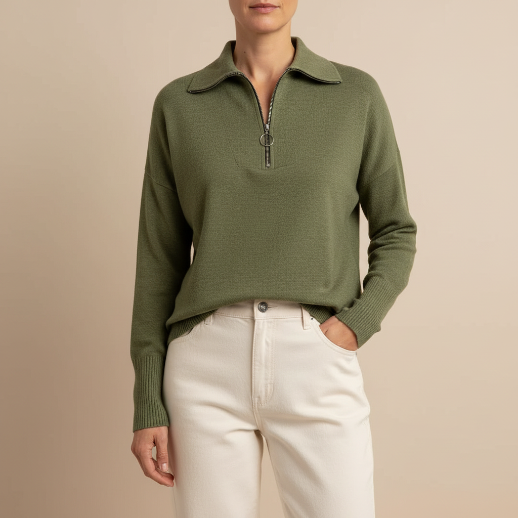 Half Zip Mock Neck Sweater - Relaxed Women's Knit Green front view