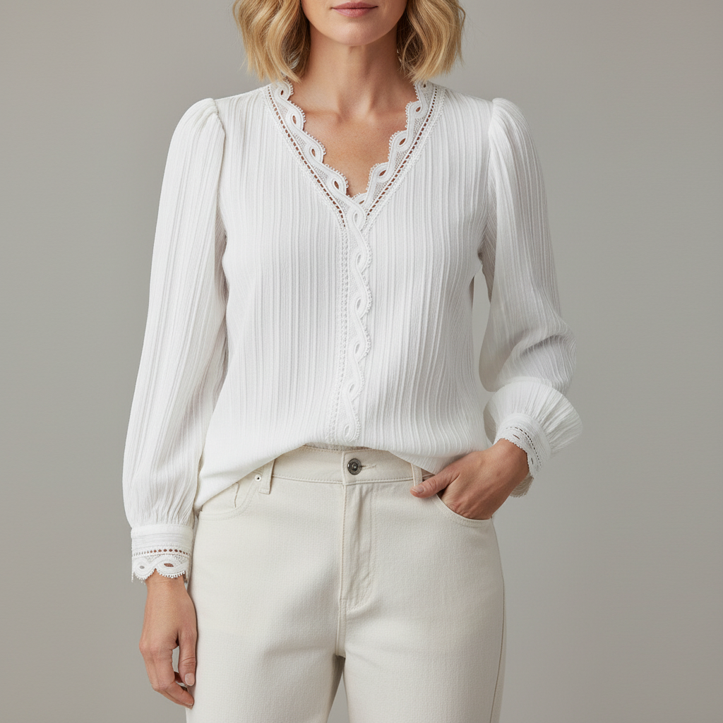 Lace V Neck Blouse - Puff Sleeve Women's Top White front view