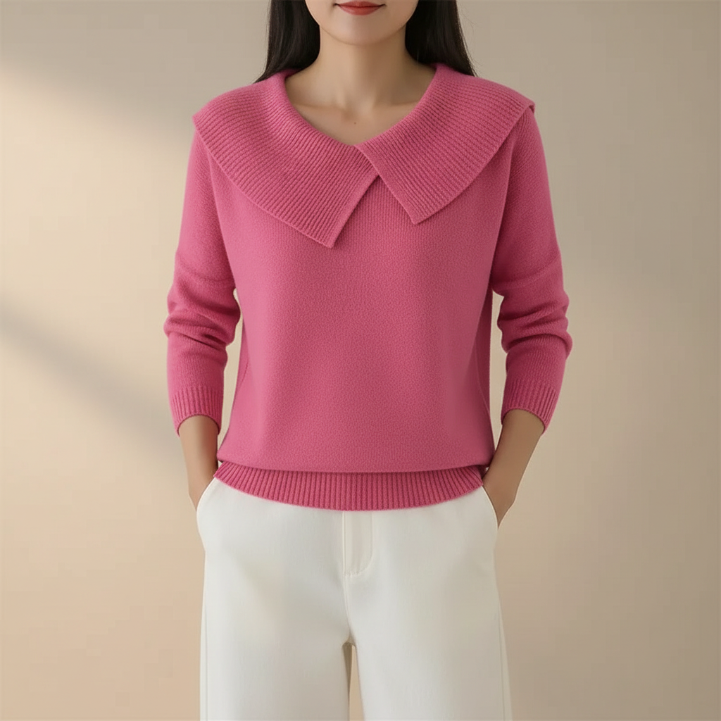 Ribbed Collar V Neck Sweater - Women's Knit Pullover Dark Pink front view