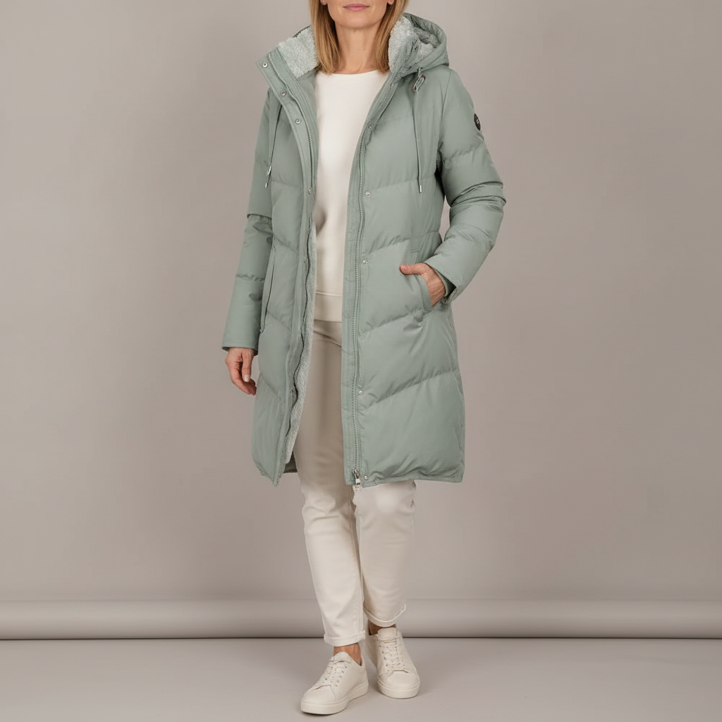 Long Hooded Puffer Coat - Fleece Lined Women's Coat Green front view