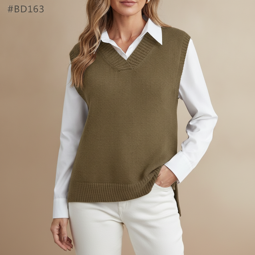 V Neck Sweater Vest - Sleeveless Women's Knit Brown front view