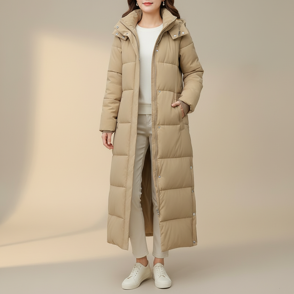 Long Padded Puffer Coat - Hooded Women's Winter Coat Khaki front view