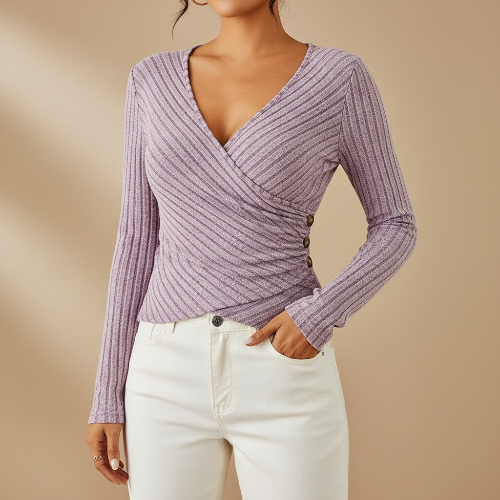 Wrap Rib Top - Long Sleeve Button Detail Women's Light Purple front view