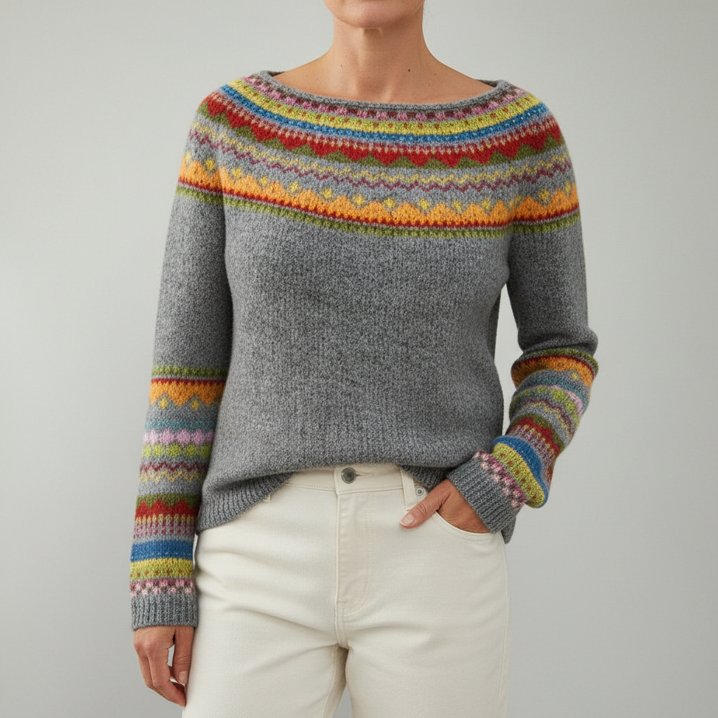 Fair Isle Crew Neck Sweater - Women's Knit Pullover Gray A front view