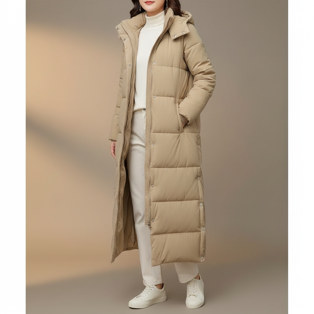 Maxi Puffer Coat - Hooded Zip Front Women's Coat Khaki front view