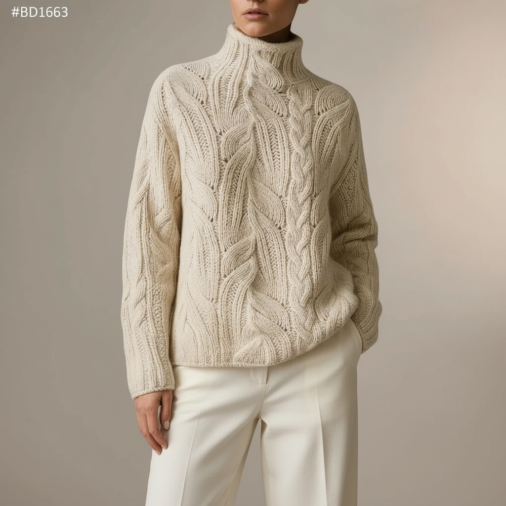 Cable Knit Cashmere Sweater - Mock Neck Women's Beige front view