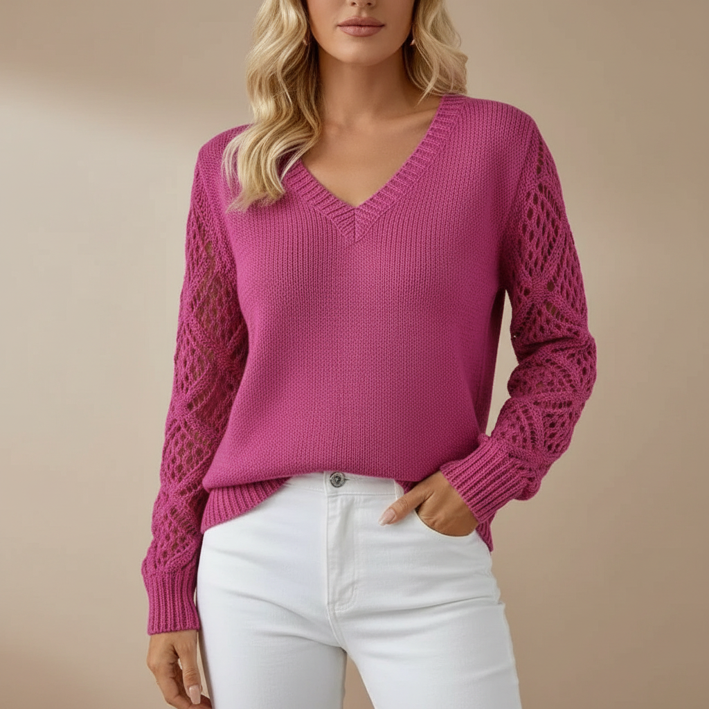 Diamond Mesh Sleeve Sweater - V Neck Women's Knit Pink front view