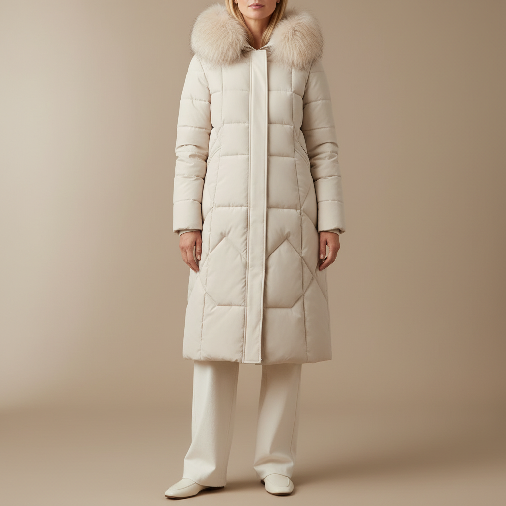 Faux Fur Hood Long Puffer Coat - Quilted Women's Coat White front view
