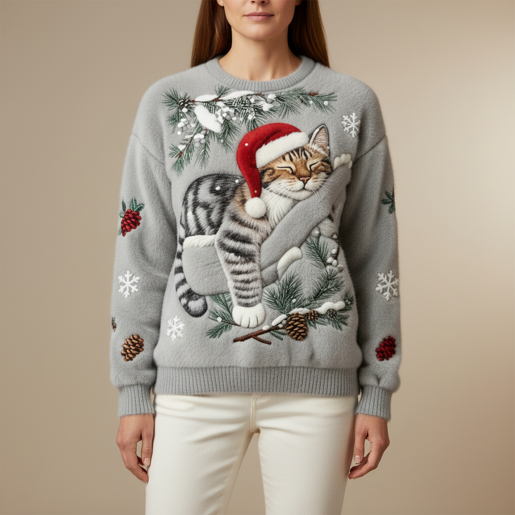 Christmas Cat Sweater - Crew Neck Women's Holiday Knit Gray front view