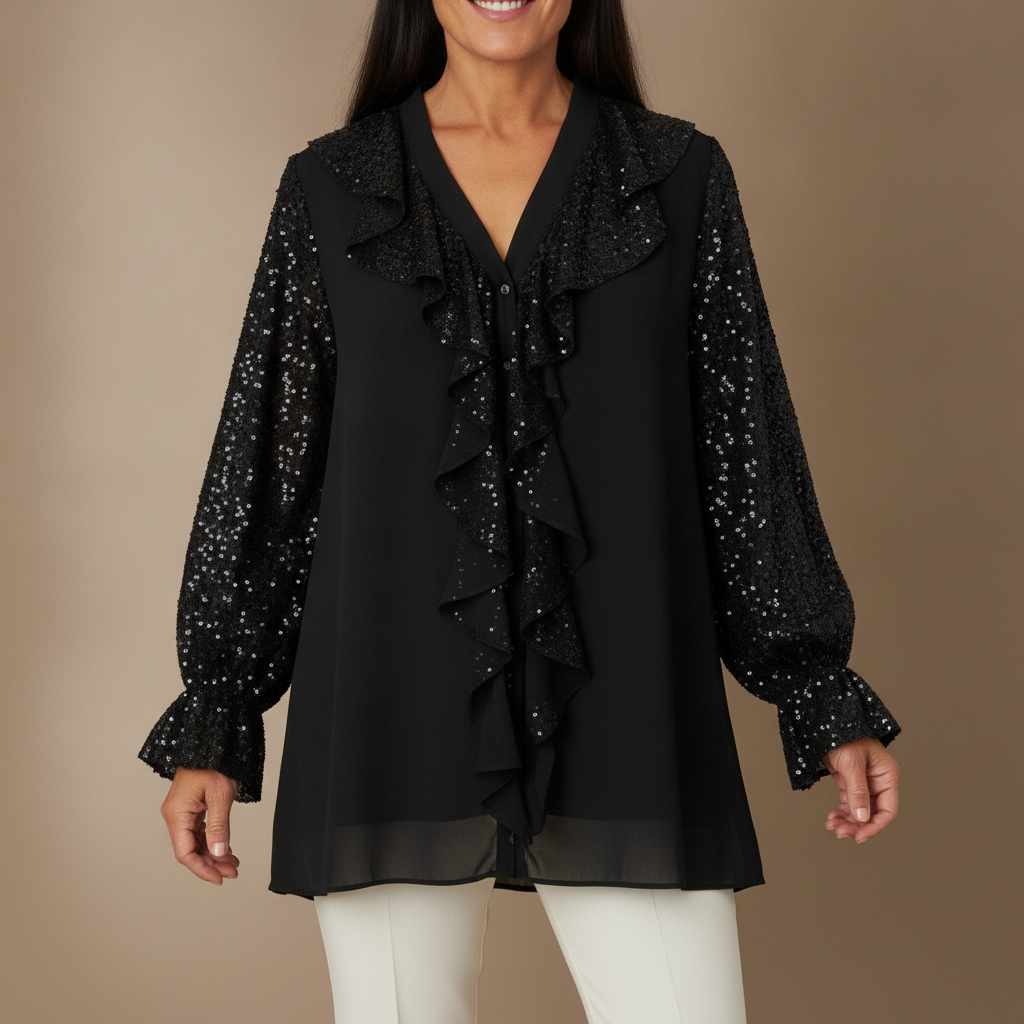 Ruffle V Neck Blouse - Long Sleeve Women's Top Black front view