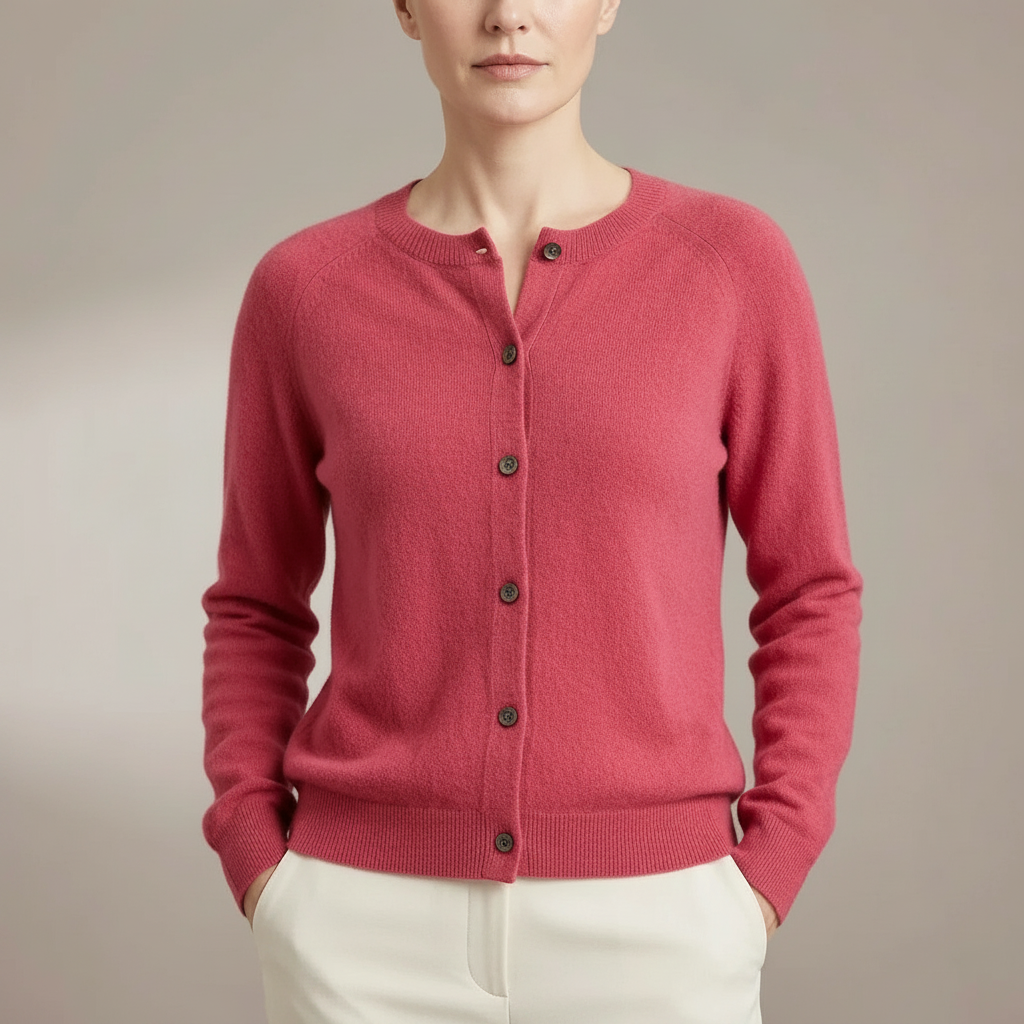 Cashmere Cardigan - Crew Neck Button Front Women's Pink front view