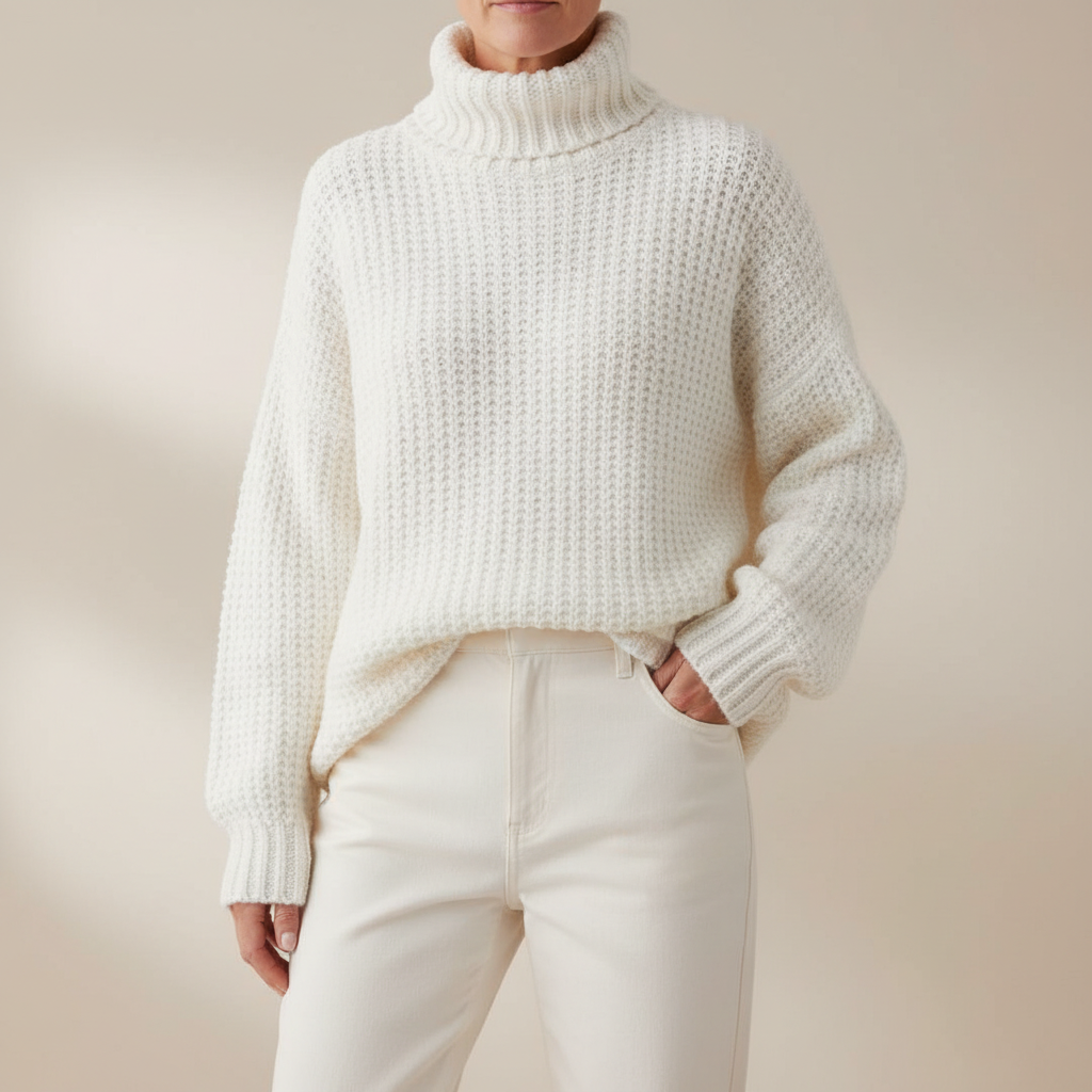 Oversized Chunky Turtleneck Sweater - Women's Knit White front view