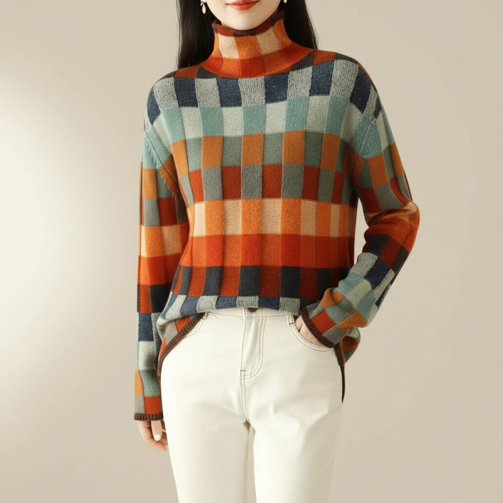 Checkered Turtleneck Sweater - Color Block Women's Tricolor front view