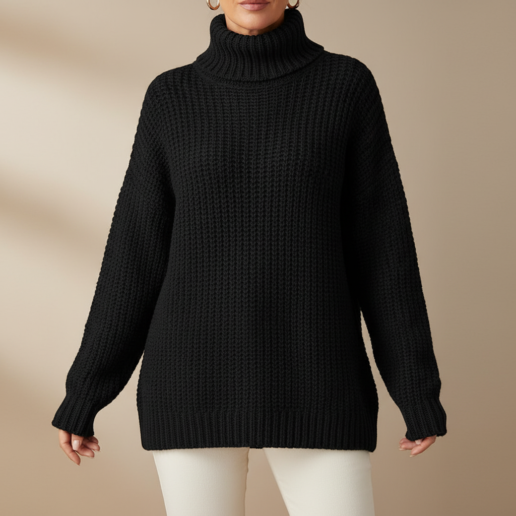 Chunky Knit Turtleneck Sweater - Oversized Women's Black front view