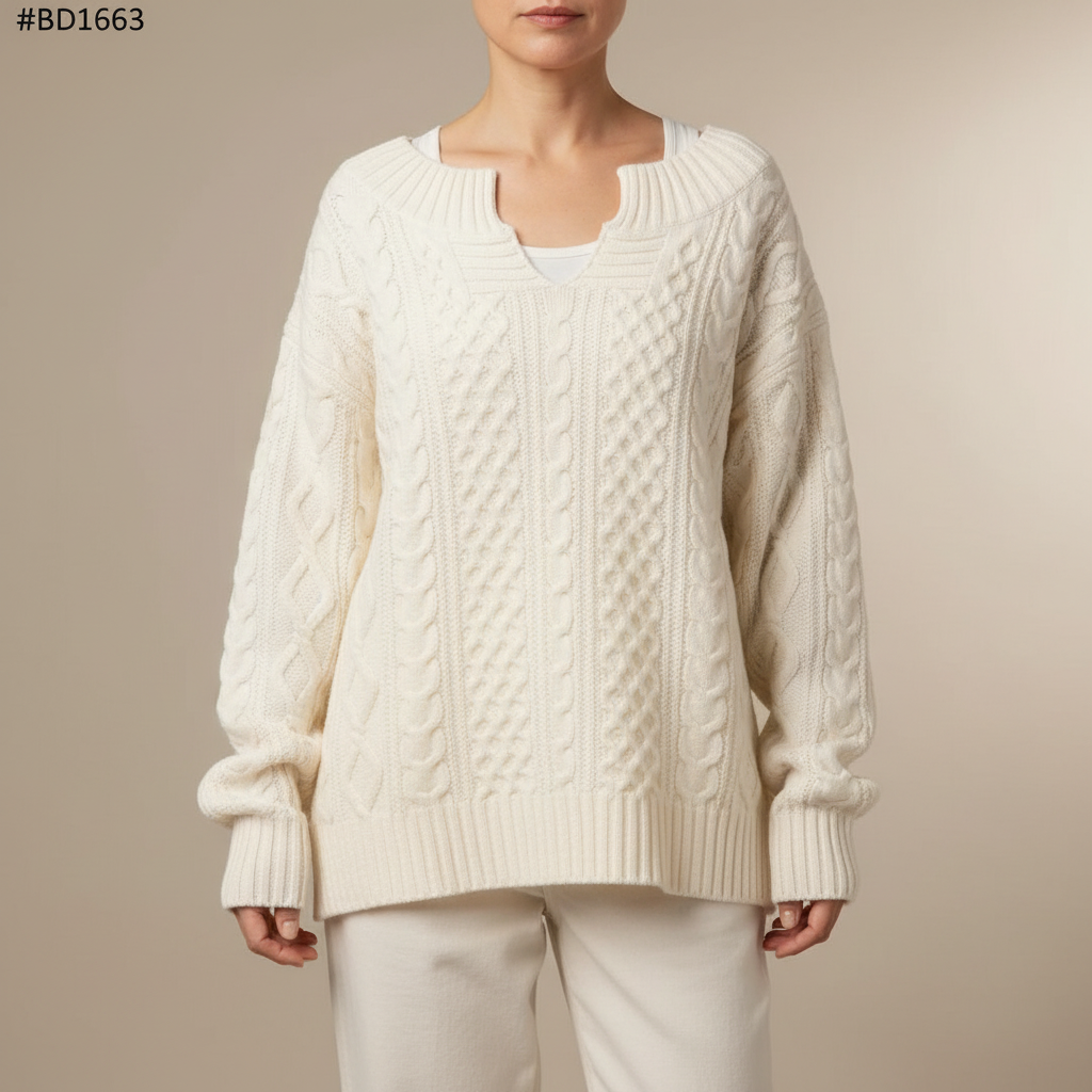 Oversized Cable Knit Sweater - V Neck Women's White front view