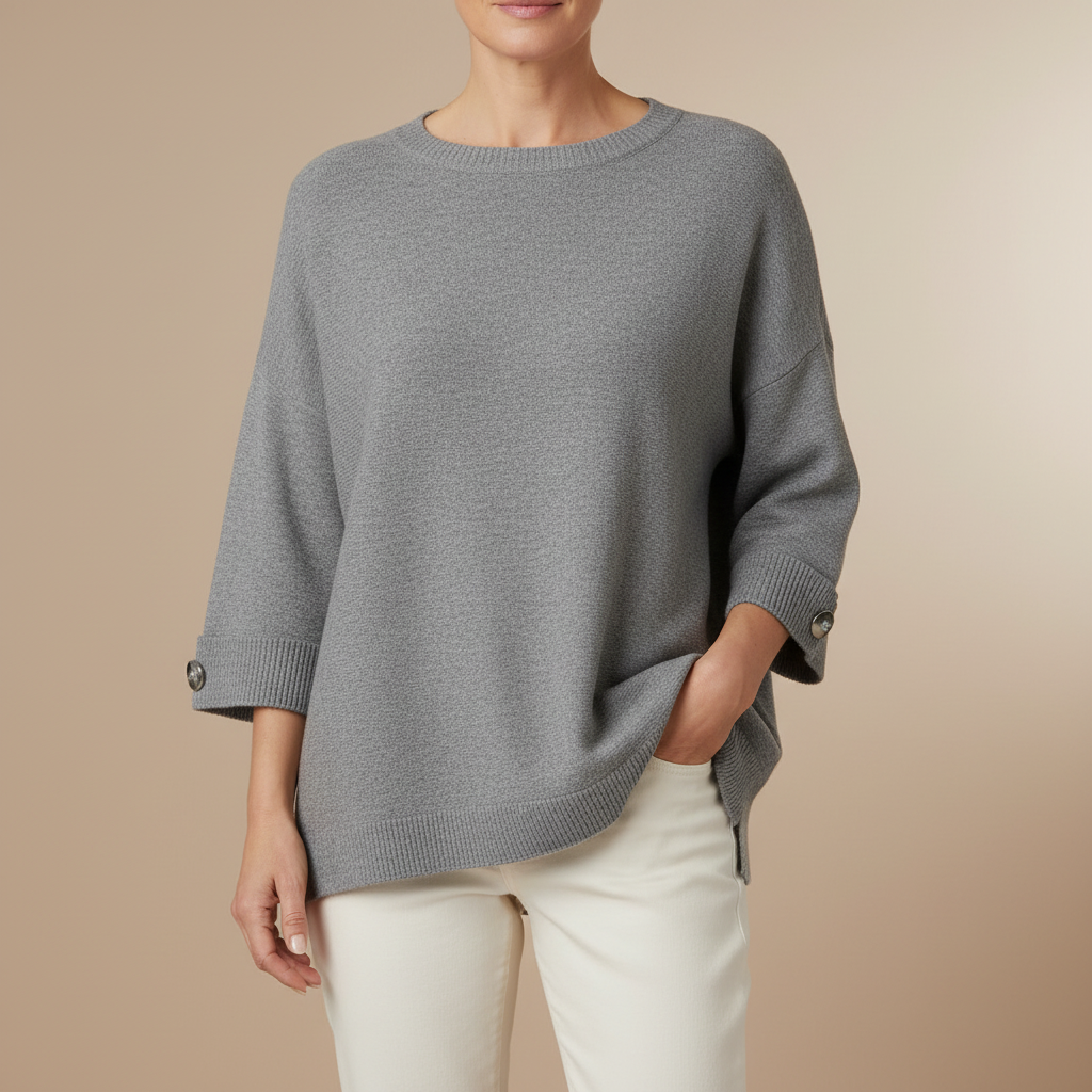 Oversized Button Cuff Sweater - Round Neck Women's Gray front view