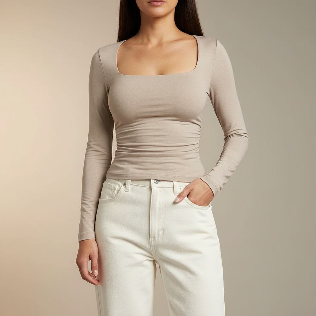 Ruched Square Neck Top - Long Sleeve Women's Top Beige front view