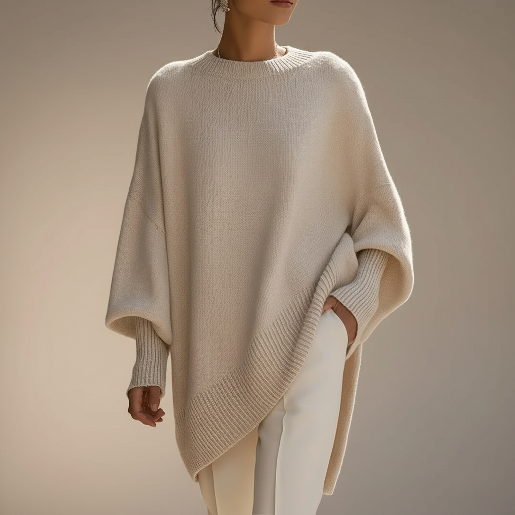 Oversized Poncho Sweater - Ribbed Trim Women's Knit Beige front view