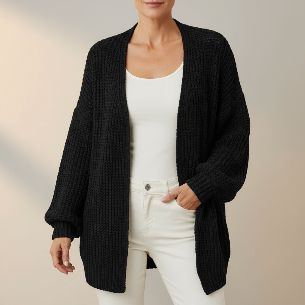 Chunky Knit Open Front Cardigan - Oversized Women's Black front view