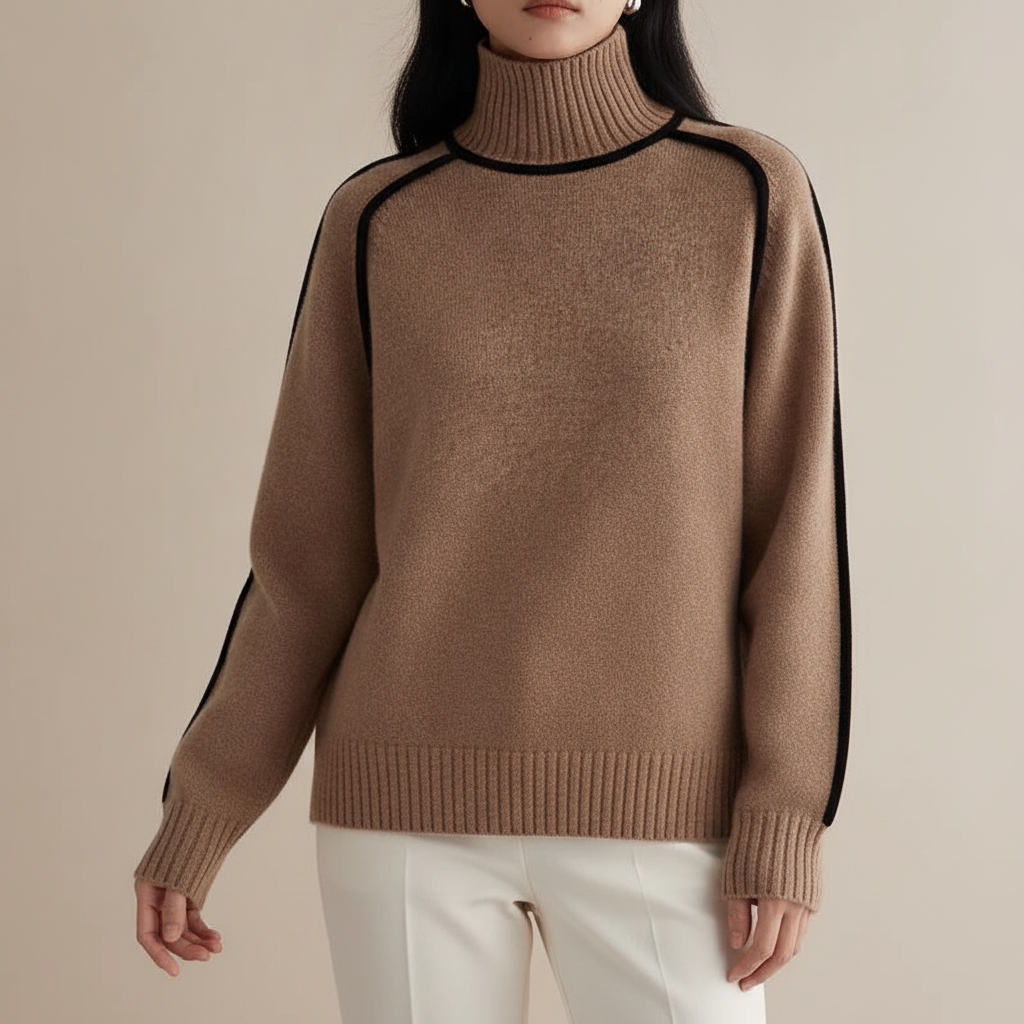 Piped Cashmere Turtleneck Sweater - Oversized Women's Brown front view