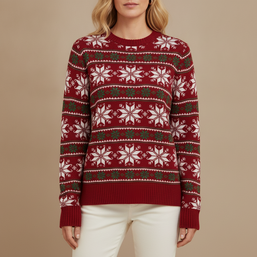 Fair Isle Christmas Sweater - Crew Neck Women's Knit Red front view
