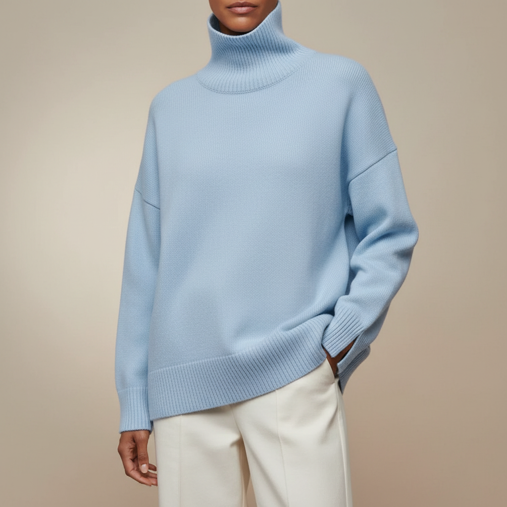 Oversized Turtleneck Sweater - Drop Shoulder Women's Blue front view