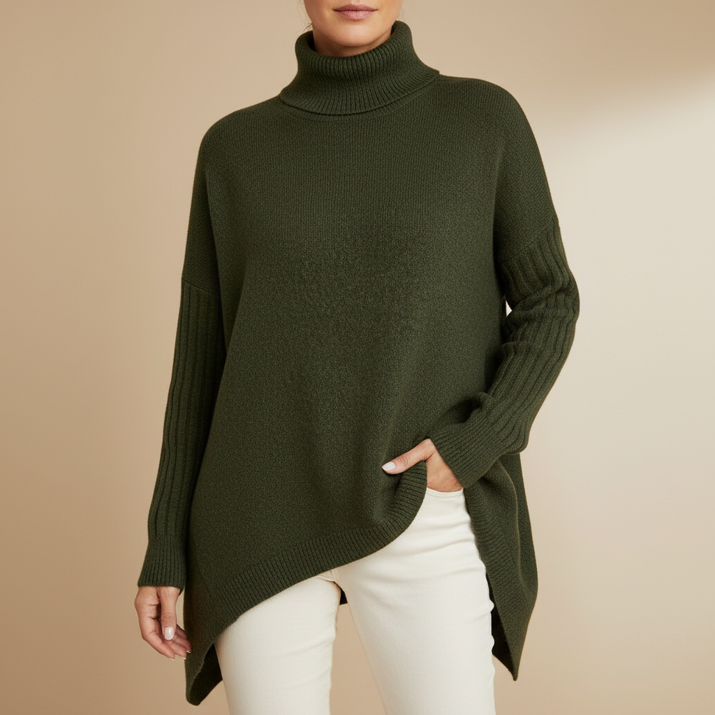 Asymmetric Hem Cashmere Turtleneck - Oversized Women's Dark Green front view