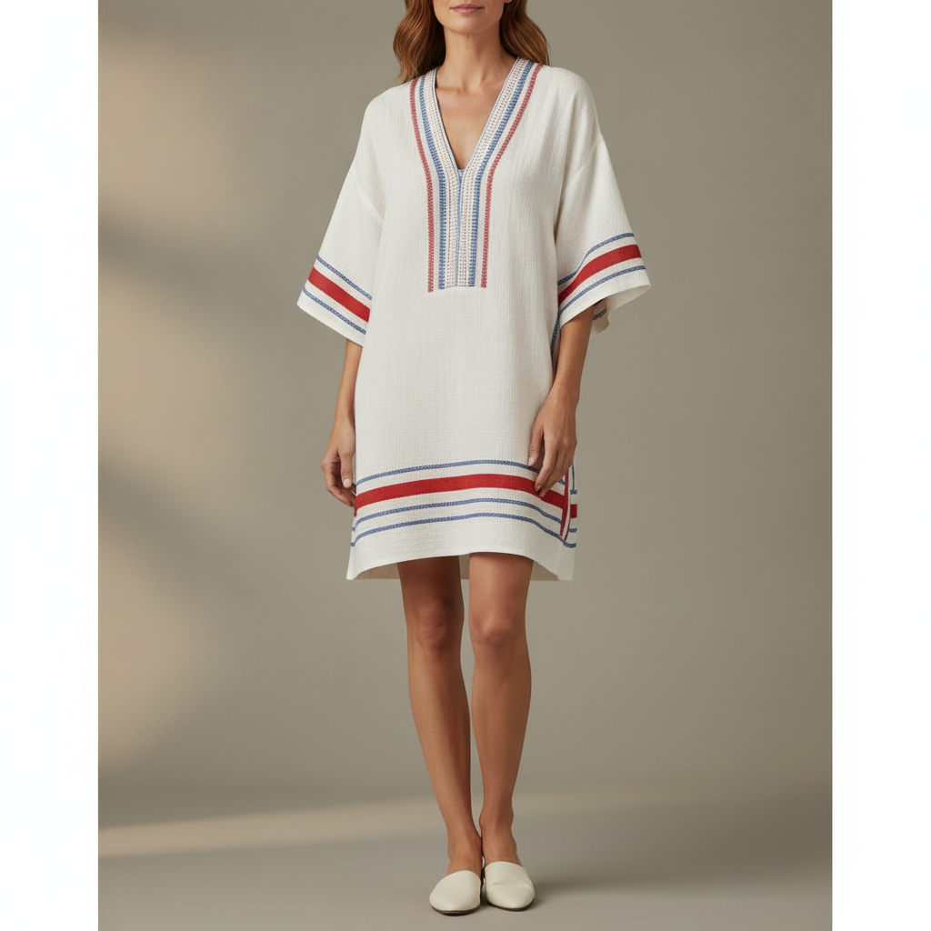 Striped V Neck Tunic Dress - Short Sleeve Women's White front view