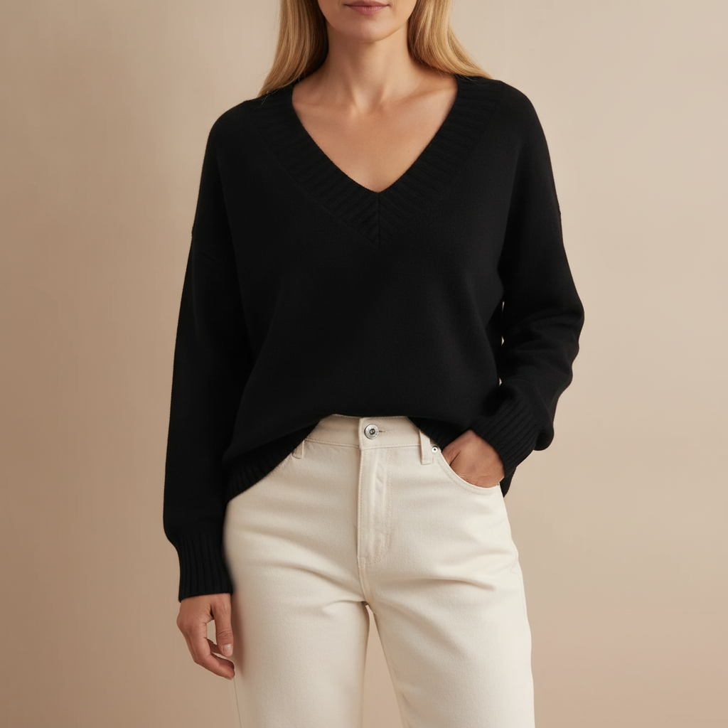 Cashmere V Neck Sweater - Long Sleeve Women's Knit Black front view