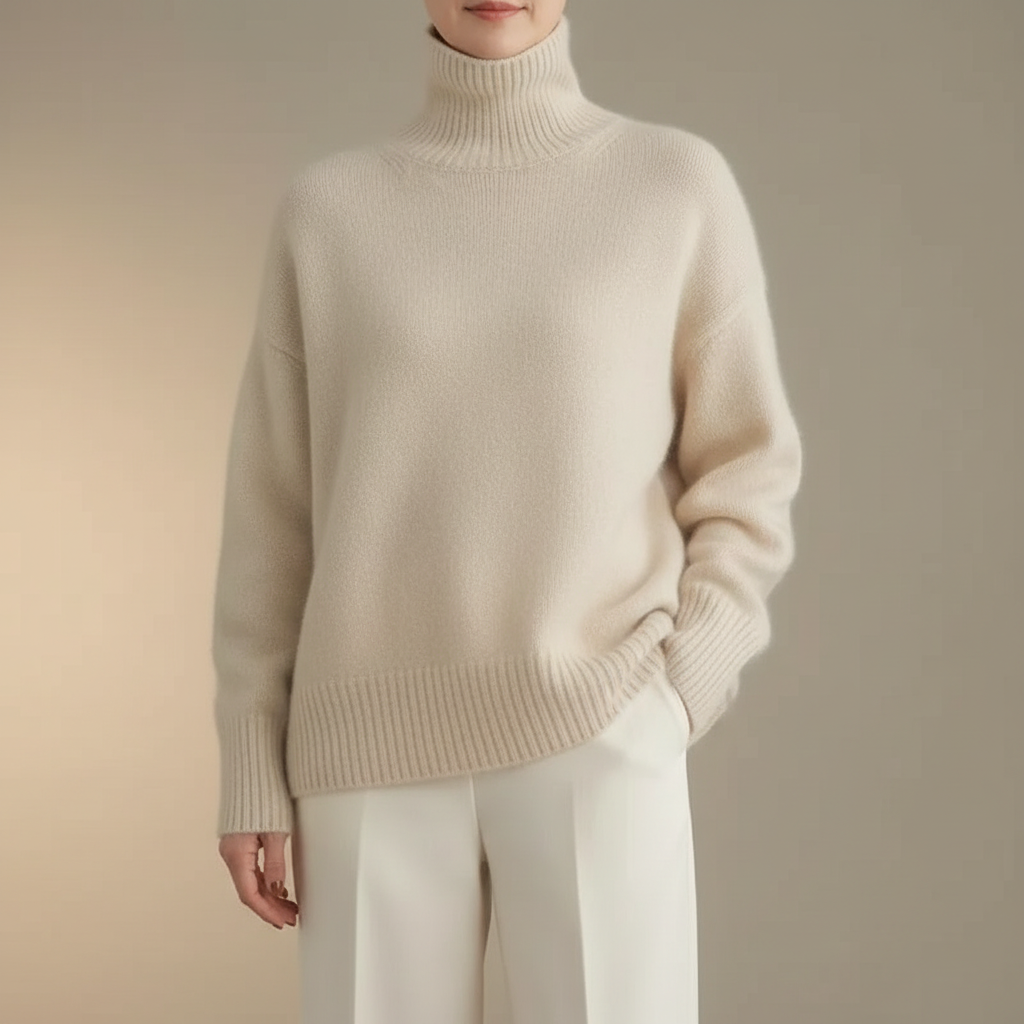 Oversized Cashmere Turtleneck - Women's Knit Sweater Beige front view