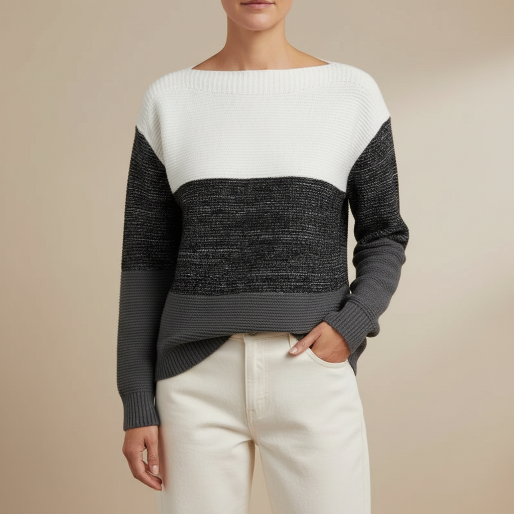 Colorblock Cashmere Crewneck - Stripe Women's Sweater Black front view