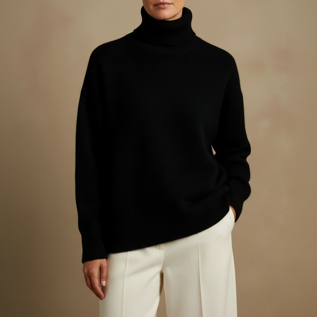 Ribbed Turtleneck Sweater - Dropped Shoulder Women's Black front view