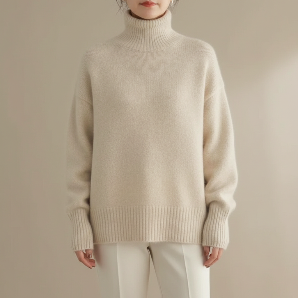 Drop Shoulder Turtleneck Sweater - Oversized Women's Beige front view