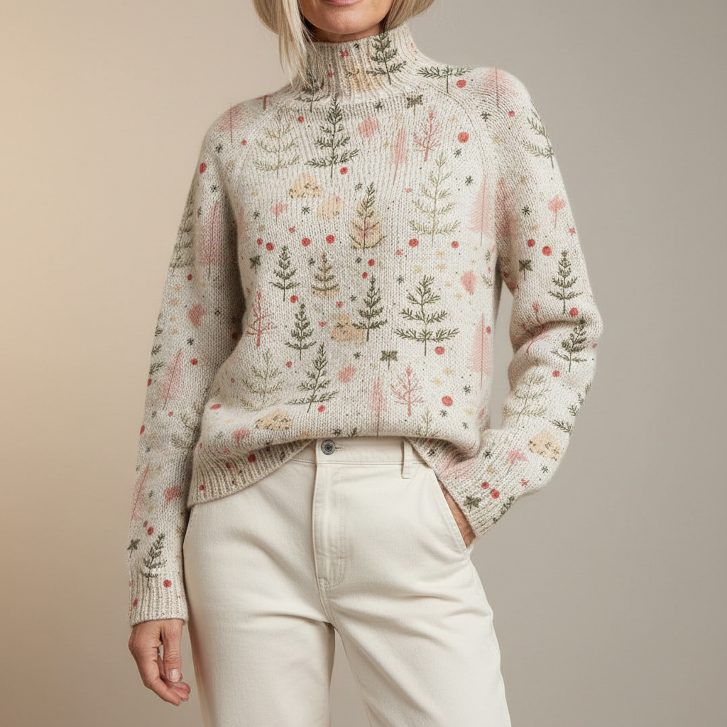 Christmas Tree Print Sweater - Mock Neck Women's Multicolor front view