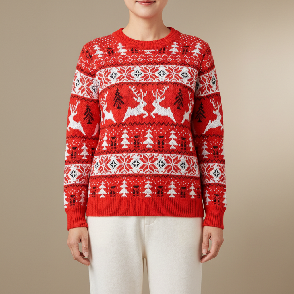 Nordic Fair Isle Christmas Sweater - Reindeer Women's Red front view