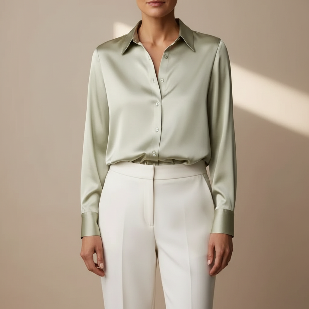 Loose Satin Shirt - Button Down Collar Women's Blouse Green front view