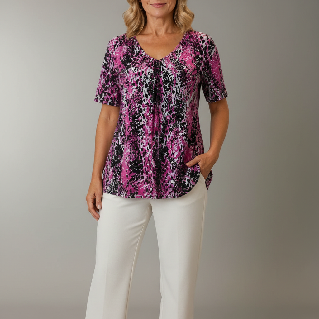 Leopard Print V Neck Top - Gathered Bust Women's Purple front view