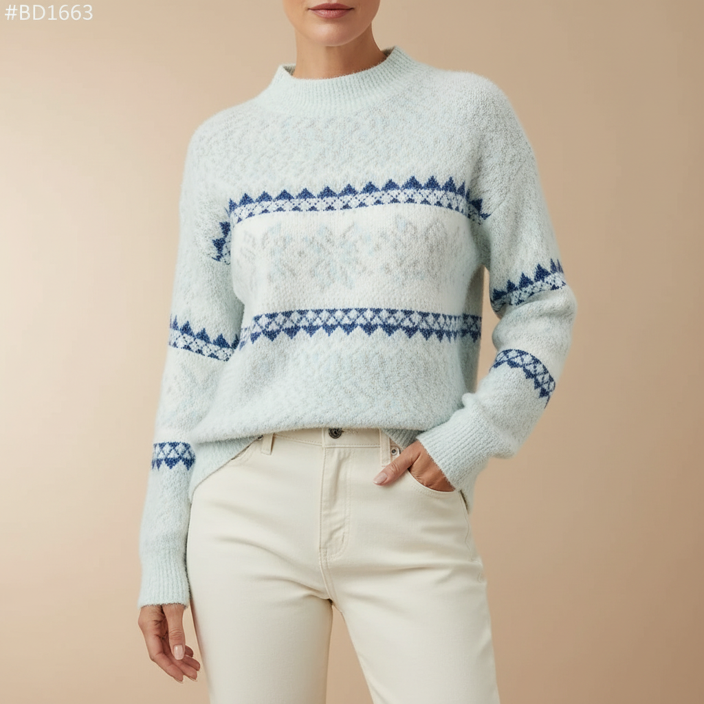 Fair Isle Mock Neck Christmas Sweater - Women's Knit Light Blue front view