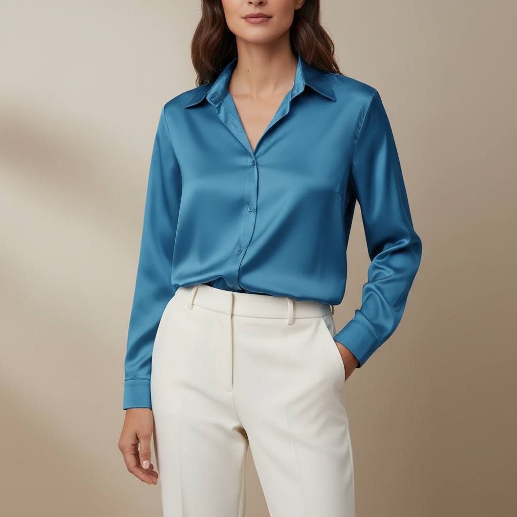 Satin Collared Blouse - Button Down Women's Shirt Blue front view