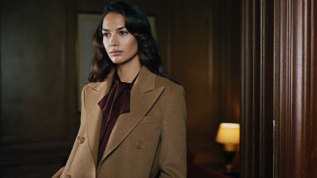 Woman in a camel wool coat and wine silk blouse in a warmly lit room